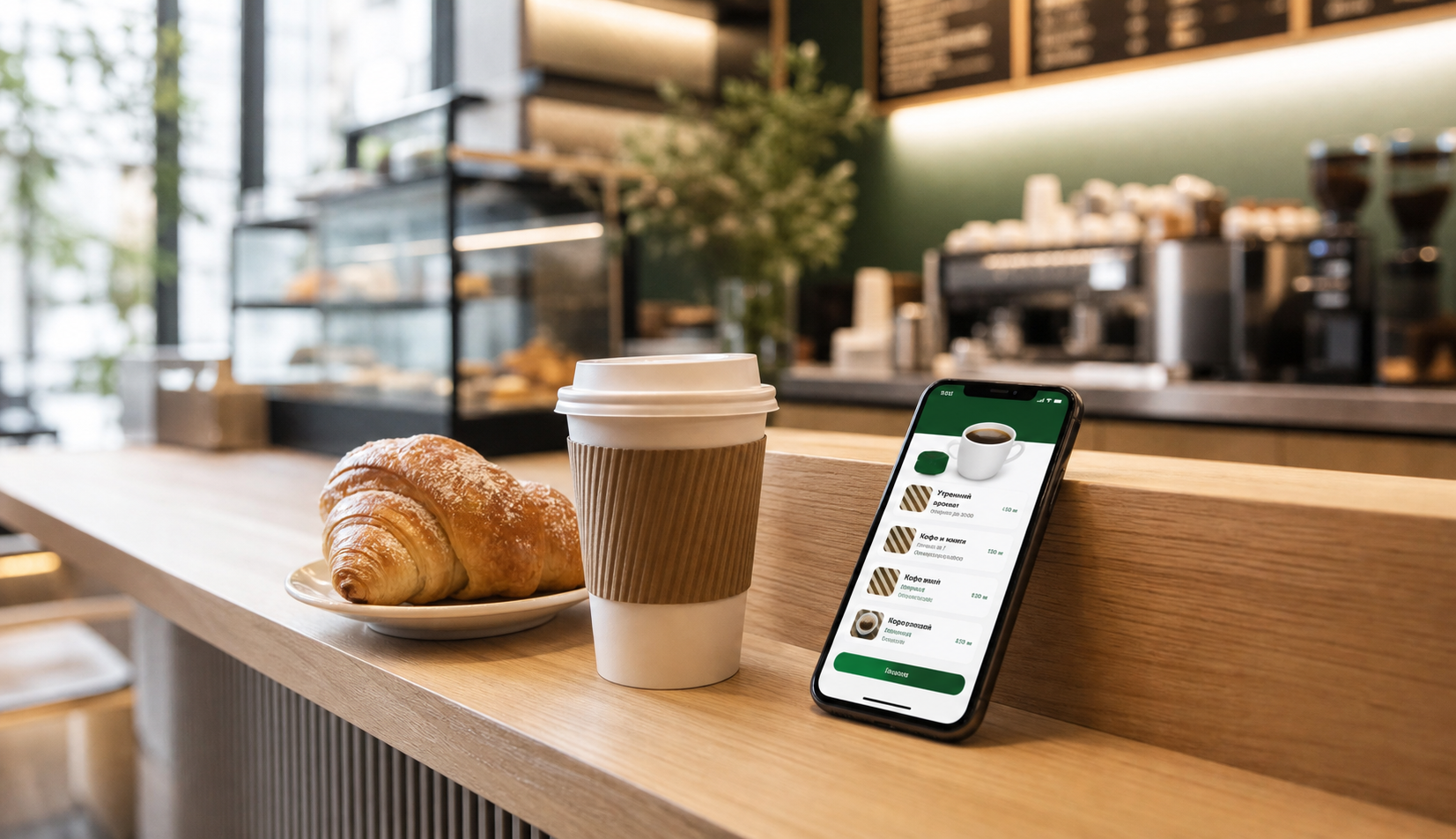 Кофе, круассан и приложение BeanScout в кофейне